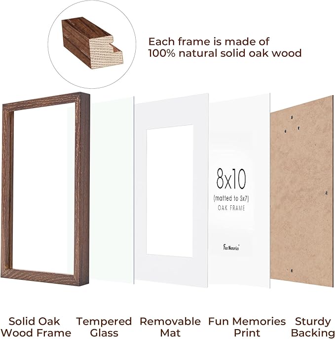 Fun Memories 8x10 Oak Wood Picture Frame Set of 3, 10 x 8 Frame Wood for Wall & Tabletop, Display 5x7 with Mat or 8 x 10 without Mat, 8x10 Natural Wood Photo Frames with Real Glass, Walnut Color