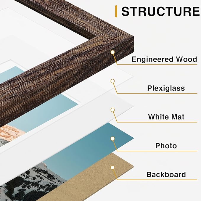 Vittanly 10 Pack Picture Frames Collage Wall Decor, Gallery Wall Frame Set for Wall or Tabletop Display, Engineered Wood and Shatter-resistant Plexiglass, Multi Sizes with 8x10, 5x7, 4x6 Frames, Brown