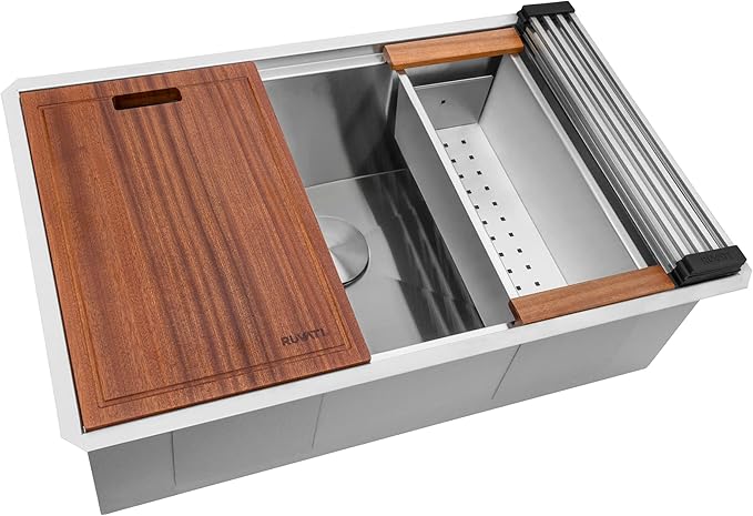 Ruvati 30-inch Undermount 16 Gauge Stainless Steel Workstation Kitchen Sink Single Bowl – Soundproof Multifunction Chef Sink with Cutting Board & Accessories, Brushed Finish Hides Scratches – RVH8310