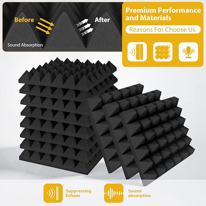 12 Pack Soundproof Wall Panels, Saiqiang Acoustic Foam 2" x 12"x 12" Sound Panels Acoustic Panels Sound Absorbing Black Sound Proof Panels for Walls Pyramid Soundproofing Studio Foam