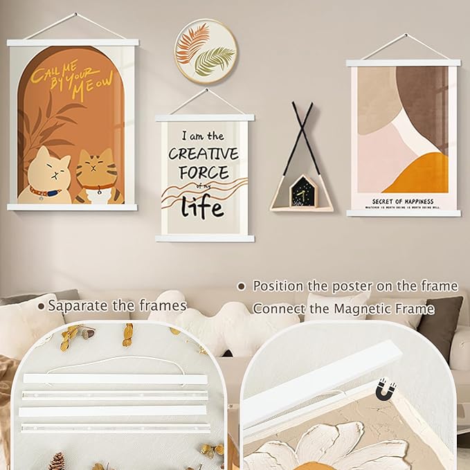 Artmag 2 Pack Magnetic Poster Hanger Frame, 30x40 30x20 30x24 Light Wood Wooden Magnet Canvas Artwork Print Dowel Poster Hangers Frames Hanging Kit (White, 30",2 Packs)