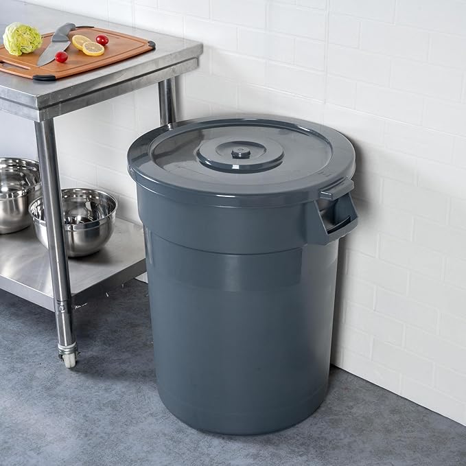 Restaurantware-LID ONLY: RW Clean Waste Container Lid, 1 Round Trash Can Cover - Waste Bin Sold Separately, For 32 Gallon Dustbin, Built-In Handle, Gray Plastic Garbage Can Cover, Heavy-Duty
