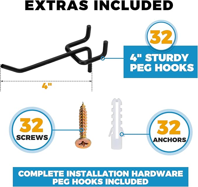 Heavy Duty 4-Panel Pegboard Wall Organizer & 32 Peg Hooks - Four Black Metal Peg Board Panels for Shops or Warehouse - Garage Tool & Walls Organizer - Modular Complete Kit With Installation Hardware