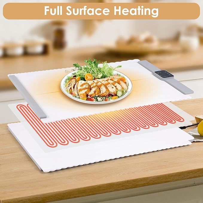 Food Warming Mat - 5 Temperature Settings, 4-Hour Timer, Child Lock, Flexible Silicone, Easy Clean, Multi-Use, Perfect for Home, Parties, and Picnics