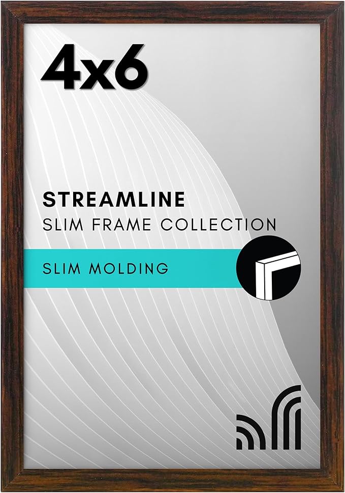 Americanflat 4x6 Picture Frame with Shatter-Resistant Glass - Streamline Collection - Thin Border Photo Frame for Tabletop and Wall Display - Hanging Hardware and Easel Stand Included - Walnut
