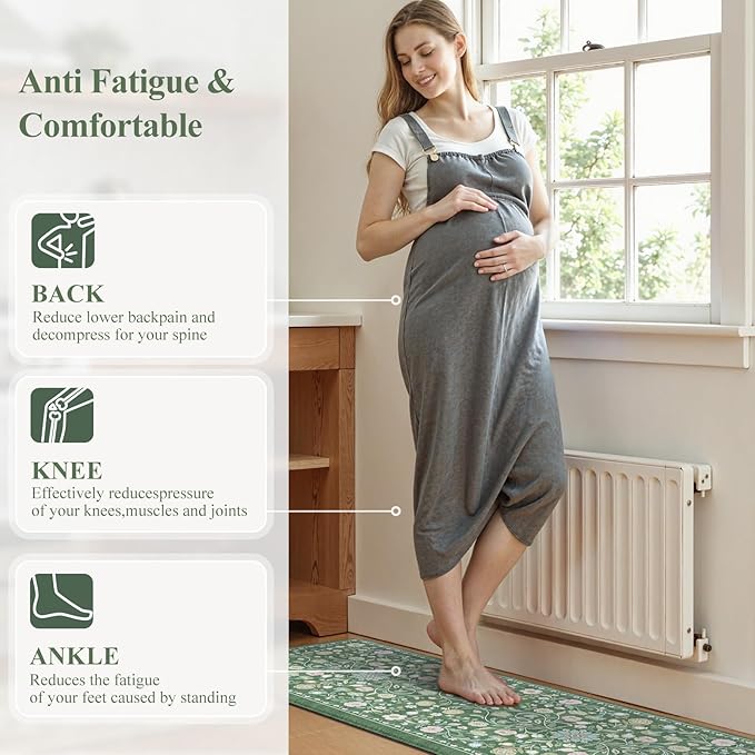 KIMODE Comfort Kitchen Mats for Floor Cushioned Anti Fatigue,Farmhouse Floral Spring Kitchen Rugs Sets of 2 Non Slip,Memory Foam Standing Carpet for Laundry Sink Office,Green