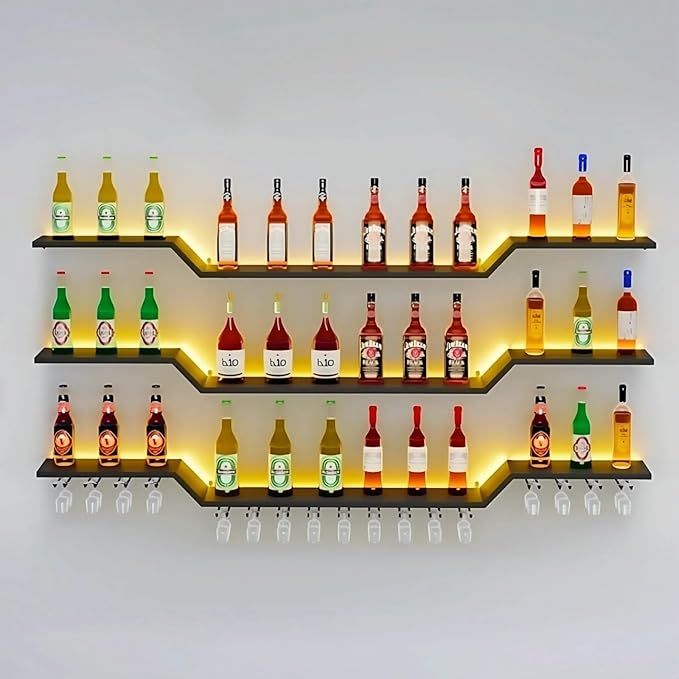 39.4" Wall Mounted LED Wine Rack, 3-Tier Floating Bar Shelves, Large Liquor Shelf with Wine Glass Rack, Large Bar Rack Wall Mounted for Liquor Bottles, Home Bar, Dining Room or Cafe, Black