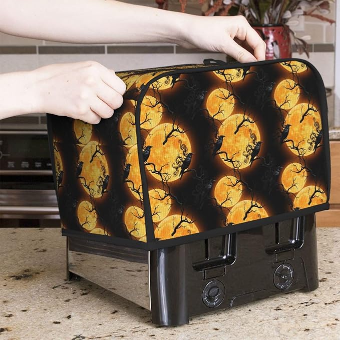 2 Slice Toaster Dust Cover Full Moon Black Crow Raven Bird Art, Kitchen Accessories Decor, Dust Proof & Fingerprint Protection Washable Cover
