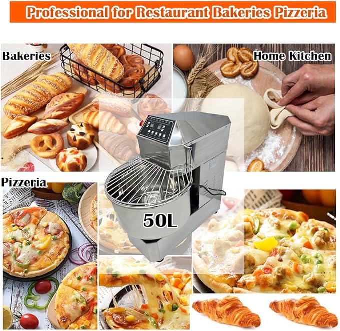 Stand Dough Mixer 50L Stand Dough Spiral Mixer with Double-acting Double-speed, Heavy Duty Dough Machine, Variable Frequency Food Mixer for Pizza Bread Restaurant Bakeries Kitchen