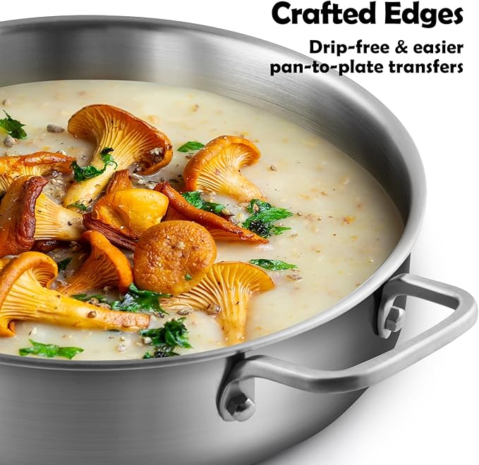 6-Quart Stainless Steel Saute Pan with Lid, 12-Inch Skillet, Dishwasher & Oven Safe, Works on All Cooktops