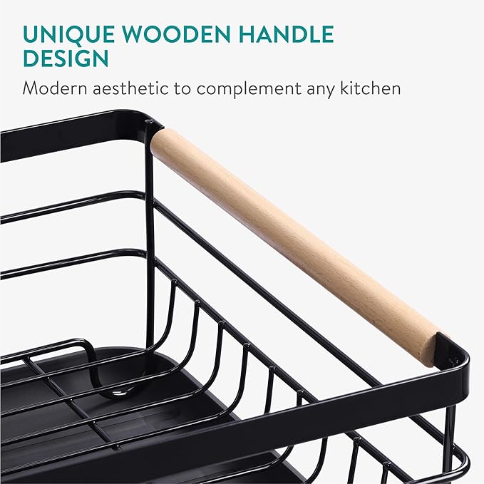 Navaris 2 Tier Dish Rack - Compact Drying Kitchen Board with Drip Tray & Cutlery Holder - Easy to Assemble and Clean Dishes - Sink Drainer Rack - Black