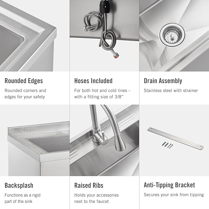 TRINITY Stainless Steel Freestanding Single Bowl Utility Sink for Garage, Laundry Room, and Commercial Use, Includes Pull-Out Faucet, NSF, UPC and cUPC Certified, 36" x 20" x 49.2", Stainless Steel