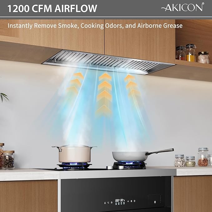 Akicon 42 Inch Range Hood Insert with Heater Sensor, 1200 CFM Ultra-Quiet Stainless Steel Ducted Vent Hood Insert with 4 Speed Fan, Dimmable LED Lights and Dishwasher Safe Filters