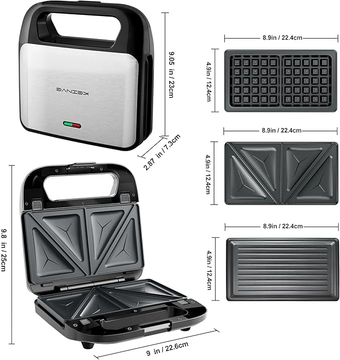 3 in 1 Sandwich Maker & Waffle Maker, Removable Non-Stick Plates, Panini Press, Grilled Cheese Maker, Cool-Touch Handle, LED Light, Easy Clean, 750W, for Home Kitchen Breakfast