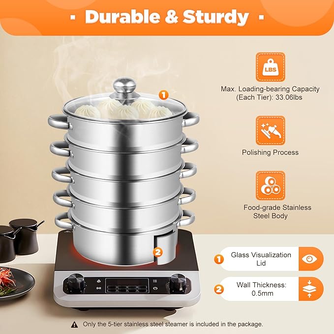 5-Tier Stainless Steel Steamer, 26cm Meat Vegetable Cooking Steam Pot, Large Capacity Household Cookware Pot for Steaming Corn, Dumplings, Buns, Fish