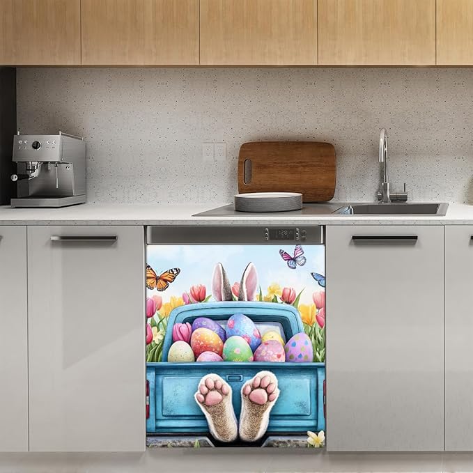 Easter Bunny Egg Truck Dishwasher Magnet Cover Front Dishwasher Cover Decor Reusable Magnetic Door Cover Panel Decal Home Appliances Stickers Kitchen Refrigerator Fridge 23"x26"