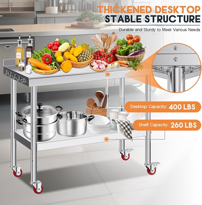 Jocisland 24" x 48" Stainless Steel Table for Prep & Work with Backsplash and Wheels, Adjustable Under Shelf & Safe Design for Restaurant, Home and Outdoor