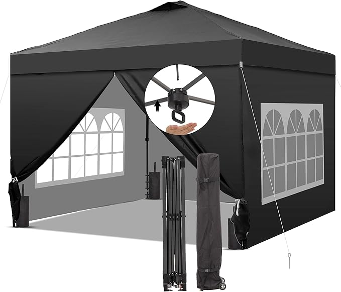 Saemoza 12x12 Pop Up Canopy Tent with One Push Setup, Portable Sun Shade Tent, Instant Easy Up Canopy with 4-Sidewalls & Wheeled Bag, Outdoor Fldable Gazebo with Vent Top, Black.