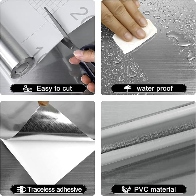 Stainless Steel Contact Paper Peel and Stick Countertop Silver Metallic Refrigerator Wrap Contact Paper DIY Waterproof Wallpaper for Kitchen Backsplash Dishwasher A Set of 15.7"x480"