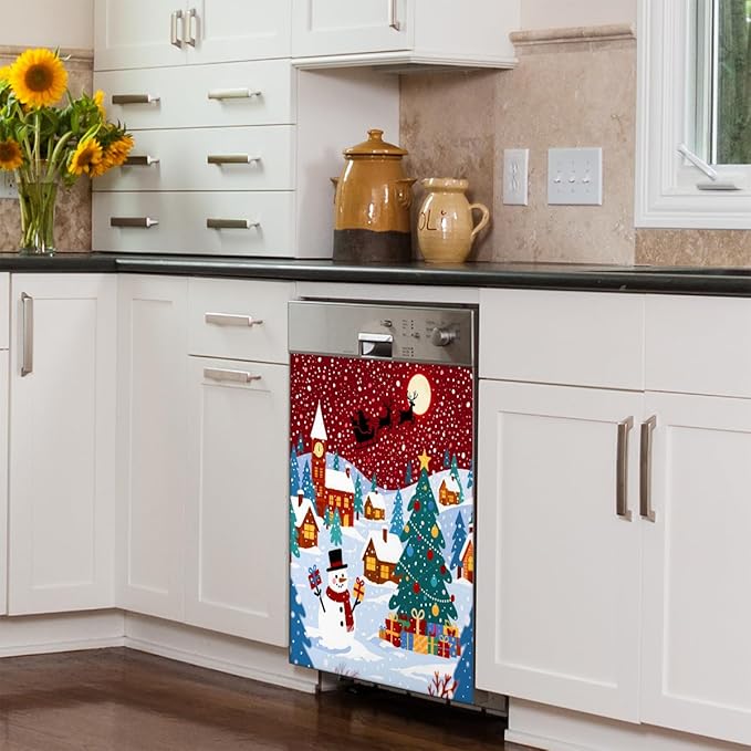 Christmas Night Dishwasher Magnet Cover, 23" W x 26" H Fridge Magnetic Stickers Reuseable Magnet Panel Decal Cover for Washing Machine Fridge Microwave Cabinet Kitchen Christmas Decoration