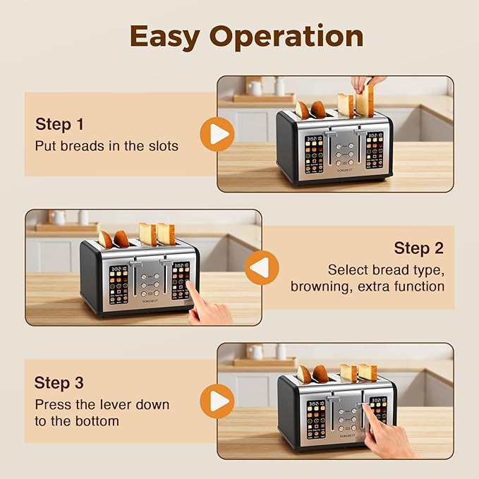 4 Slice Touch Screen Toaster, Easy-to-Use Digital Stainless Steel Toaster with Wide Slots, Reheat Defrost Cancel, Removable Crumb Tray, Matte Black
