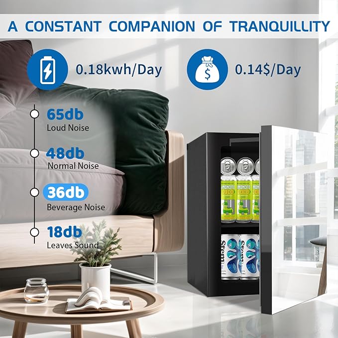 Stopasd Beverage Refrigerator Cooler, 0.9 Cu.Ft/24 Can Drink Fridge with Adjustable Shelves & Mirror Door for Temp Control for Drinks, Skincare, Soda, Beer, Wine - Home, Office, Dorm