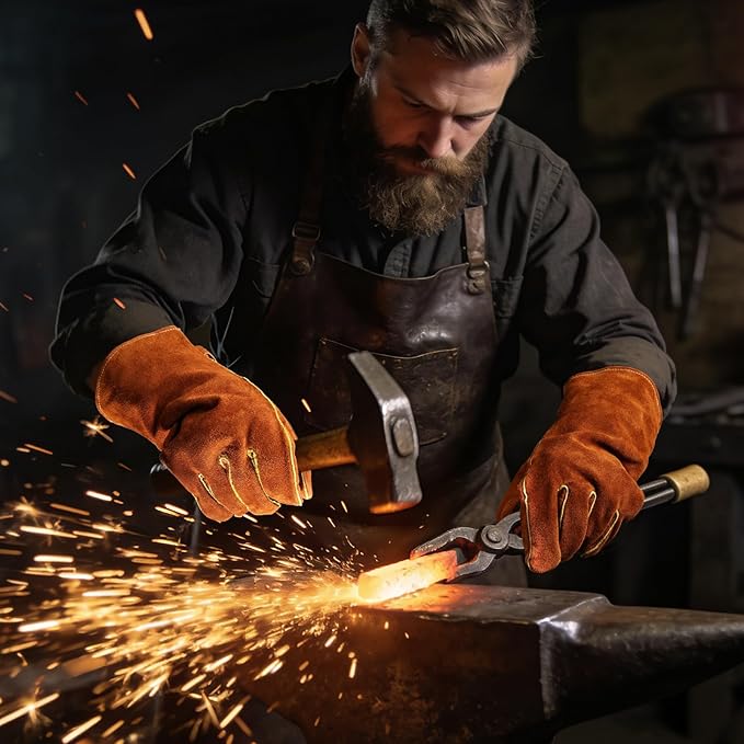 OZERO 932°F Heat Resistant Welding Gloves: 14 inches Cowhide Leather Long Sleeve and Insulated Lining Grill Glove - for Tig Mig Welder Forge Stove Oven Baking Fireplace Barbecue Grilling, Brown