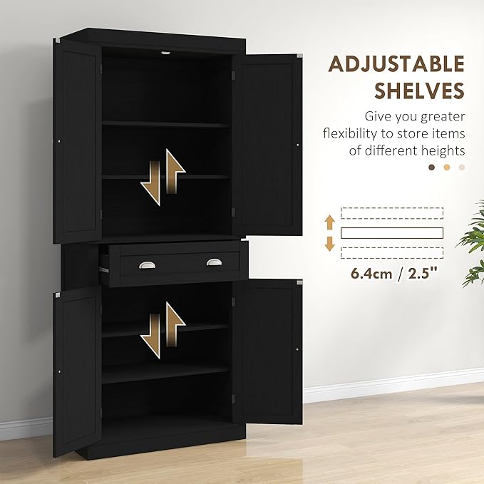 HOMCOM 72.5" Kitchen Pantry Cabinet, Traditional Freestanding Storage Cabinet with 4 Doors, Drawer and 3 Adjustable Shelves for Dining Room, Black Wood Grain