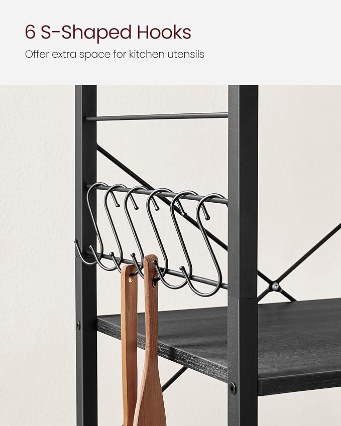 VASAGLE Kitchen Shelf on Wheels, 23.6 Inches Serving Cart with 3 Shelves, Kitchen Cart, Microwave Shelf, for Mini Oven, Toaster, with 6 Hooks, Industrial Style, Ebony Black and Ink Black UKKS060B42