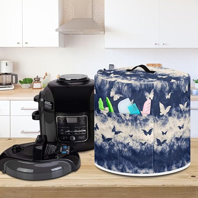 Flashideas Blue Butterfly Pressure Cooker Cover for Women Dust Protection Insulated Rice Cooker Cover Water Resistant Dust Cover with Pockets for Instant Pot 6 Quart Vintage Appliance