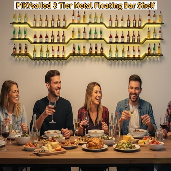 70.9" Wall Mounted LED Wine Rack, 3-Tier Floating Bar Shelves, Large Liquor Shelf with Wine Glass Rack, Large Bar Rack Wall Mounted for Liquor Bottles, Home Bar, Dining Room or Cafe, Gold