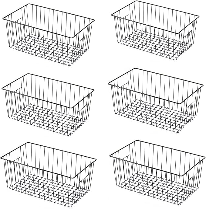 Upright Freezer Organizer Bins， Freezer Baskets for 16, 17, 21 cu.ft Standup Freezer, Wire Storage Baskets with Built-in Handles for Frozen Foods, Snacks, Vegetables, Fruits and More, Set of 6 , Black
