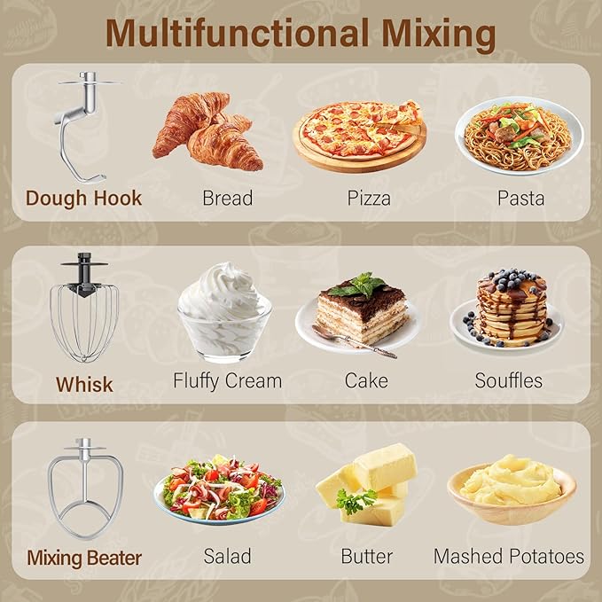 Stand Mixer, 3-In-1 8-Speed 660W 6.5QT Tilt-Head Food Electric Mixers with Bowl, Dough Hook, Whisk and Beater, Kitchen Mixer for Baking, Cake and Most Home Cooks, Beige