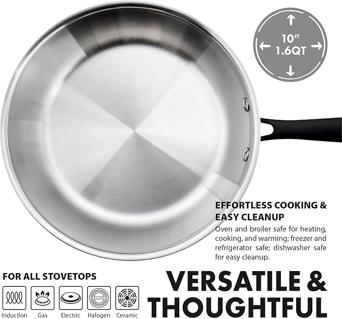 GrandTies Full-Clad Tri-Ply Stainless Steel Frying Pan Induction Cookware – 10 Inch Stainless Steel Skillet, Marquina Black Metal Handles Kitchen Cooking Pan, Dishwasher and Oven Safe Pots and Pans