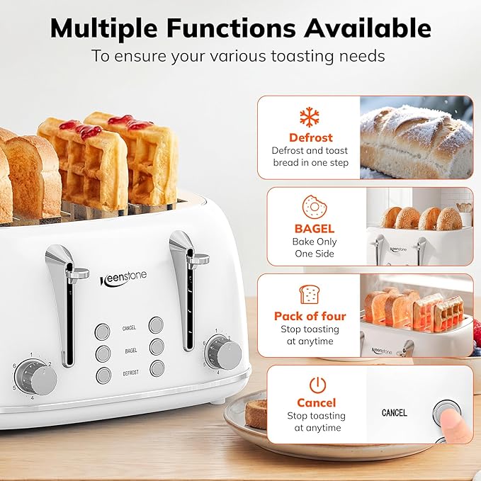 Keenstone Toaster 4 Slice, Retro Stainless Steel Wide Slot Toaster with Dual Independent Controls, 6 Browning Levels, Bagel, Defrost, Reheat & Cancel, Removable Crumb Tray, White