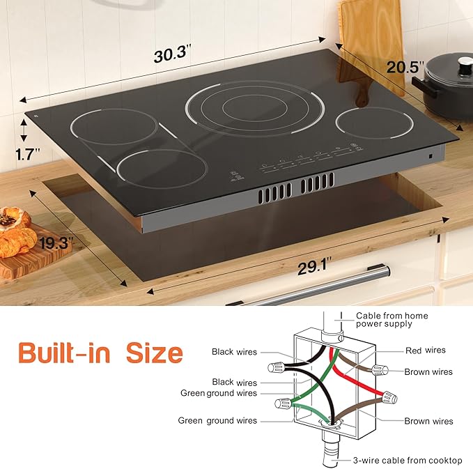 30 Inch Electric Cooktop, 4 Burner Ceramic Stove Top 7800W, Built-in Electric Stovetop with BBQ Burner, Touch Control, Timer, Child Safety Lock, Pause Function, 220-240V, Hard Wire, No Plug