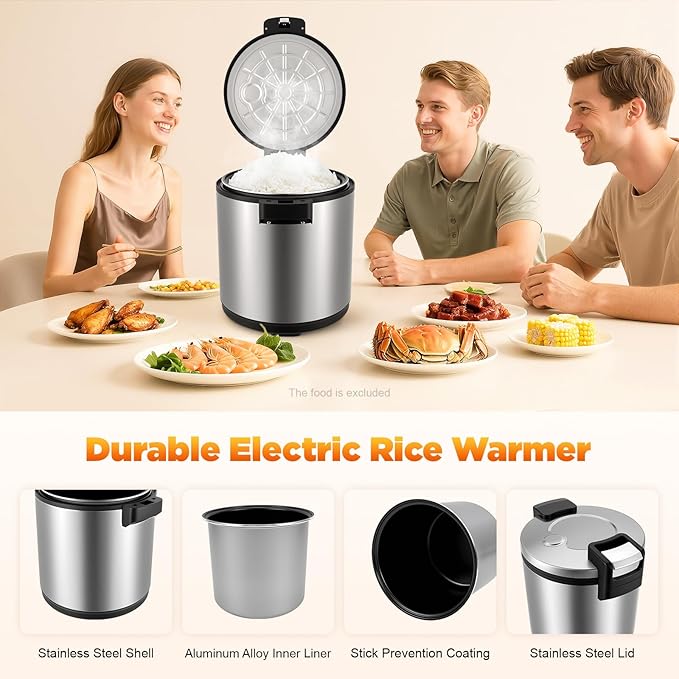 6-Gal Electric Rice Warmer | Two Temperature Settings | 110V 110W Commercial Food Warmer with Flip Lid & Rice Spoon for Parties, Festival Banquets, Catering (Stainless Steel/American plug 110V)
