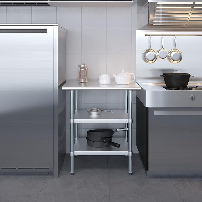 AmGood Stainless Steel Work Table with 2 Shelves | NSF | Metal Utility Table (30" Long x 24" Deep)