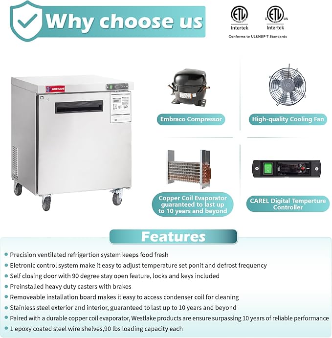 WESTLAKE 28" W Commercial Refrigerator Worktop Undercounter Refrigerator 6.3 Cu.ft Single Door Stainless Steel Counter Fan Cooling Refrigerator Food Prep Station for Restaurant, Bar