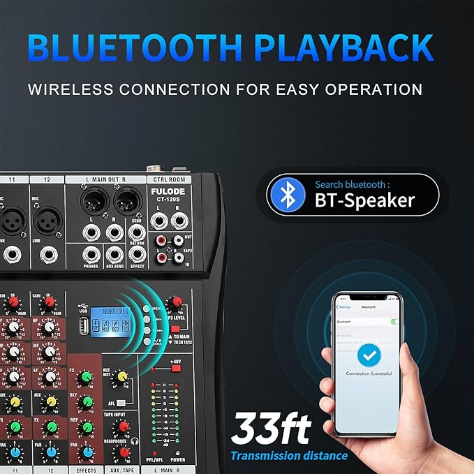 12 Channel Mixer Audio Console, CT-120S Professional Music Mixer DJ Mixing Board with Reverb Bluetooth MP3 Player 48V Phantom Power Supply USB Recording for Studio Karaoke Live Performance