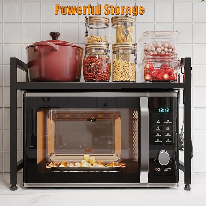Extendable Microwave Oven Stand, Adjustable Microwave rack Toaster Shelf, Heavy Duty Rack 2 Tier Kitchen Counter Top Organizer with 6 Hooks for Kitchen