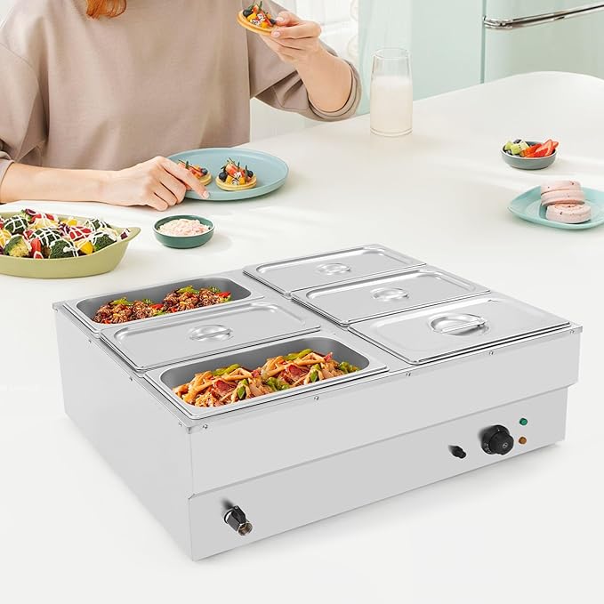 6-Pan Commercial Food Warmer, 1500W Stainless Steel Electric Buffet Warmer with Lid & Drain Valve, Countertop Steam Table Bain Marie for Parties, Catering, Restaurants & Buffet Serving