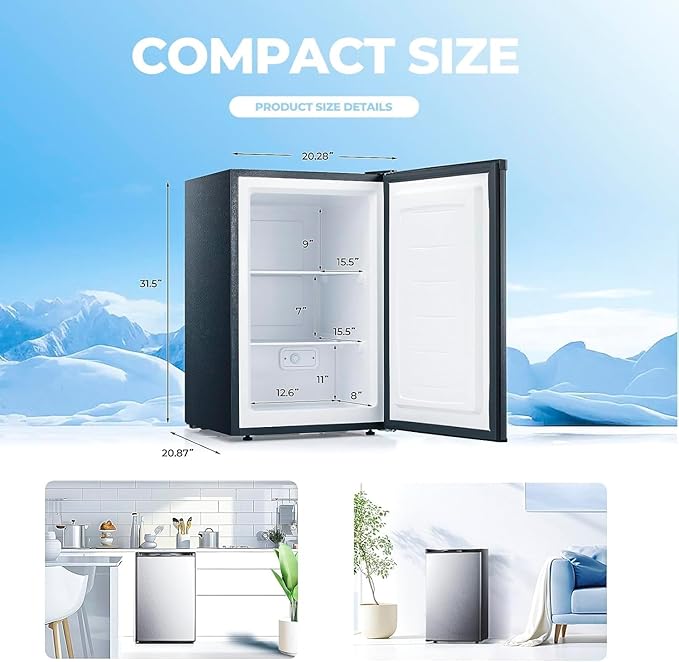 3.0 Cu.ft Small Freezer, Mini Upright Freezer with 7 Adjustable Thermostat, Removable Shelves, Reversible Single Door, for Bedroom/Home/Dorms/Apartment (Silver)