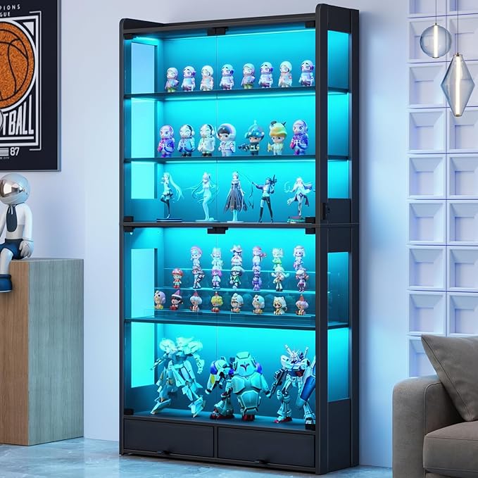 Glass Display Cabinet 69''H with LED Lights, 5-Tier Showcase with Drawers, Collectible Figure Display Case, Freestanding Curio Cabinet, Tall Storage Shelves, Black, 39.4''W