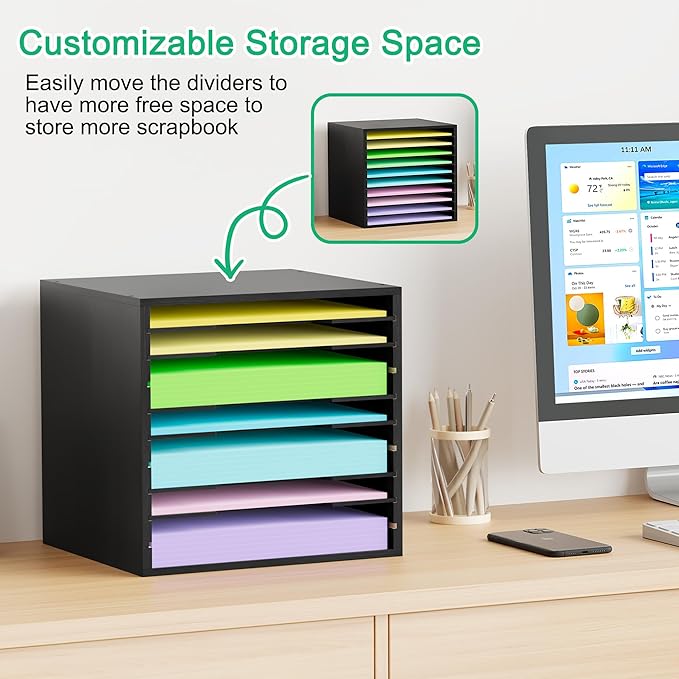 EasyPAG Scrapbook Paper Storage Organizer for Craft Room, 12x12 Paper Storage Desk Shelf, 10 Slot Adjustable File Sorter for Office School Classroom, Black