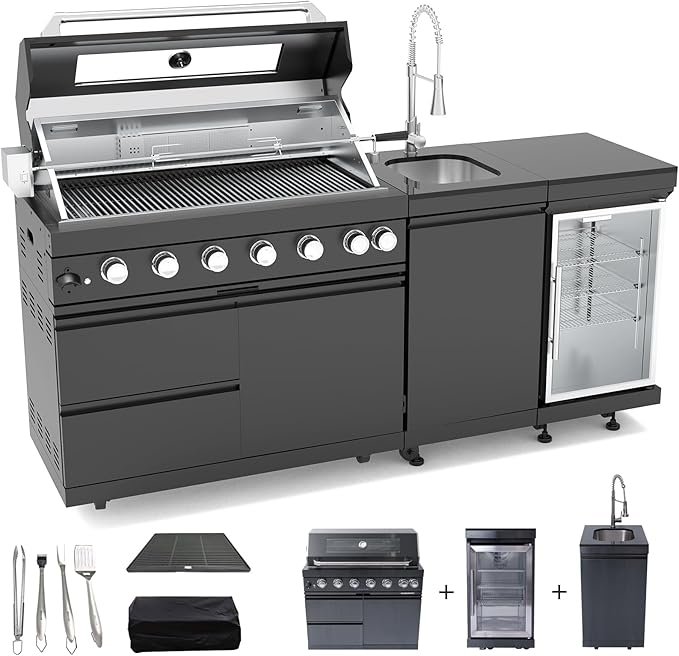 Outdoor Kitchen Island, 82 Inch 85000 BTU Gas Grill Combination With Refrigerator and Sink, Outdoor Stainless Steel Barbecue Bar, Natural Gas Barbecue Grill for Patios, Gardens, Parties