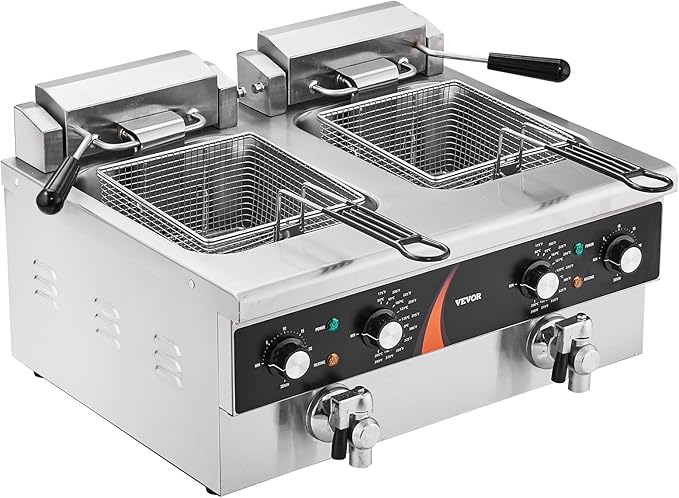 VEVOR Commercial Deep Fryer, 2 x 9Qt / 8.5L Double Oil Fryer with 2 Baskets, 1mm Thickened Stainless Steel, Dual Tank 3500W Electric Countertop Fryer， Time & Temp Control, for Kitchen Restaurant Use