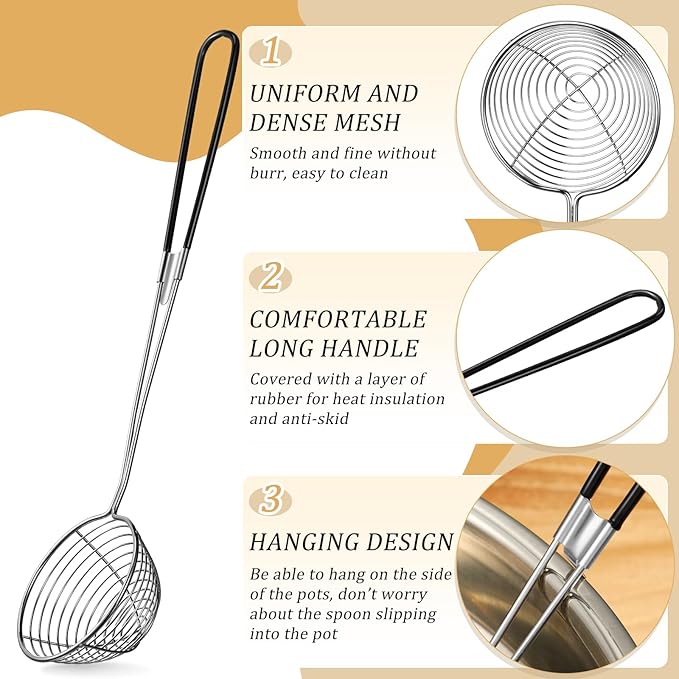 Geiserailie 8 Pieces 6 Pieces Hot Pot Kit Strainer Scoops Stainless Steel 2.5 Inch Mini Spider Strainer Skimmer Pasta Mesh Spoon Asian Skimmer Spoon Ladle with Handle for Home (Black)