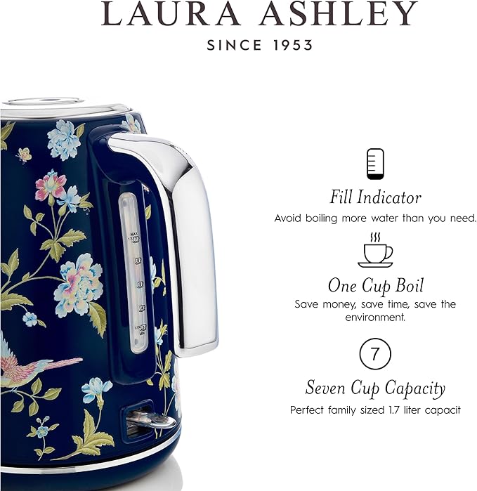 Laura Ashley Stainless Steel Electric Kettle 1.7 Liter - 1500W Rapid Boil Electric Kettles for Boiling Water - Electric Tea Kettles Automatic Shut Off - Overheat & Boil Dry Protection Jug Kettle