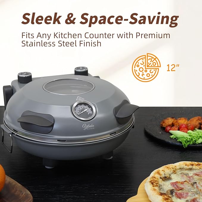 12" Electric Pizza Oven - Countertop Pizza Maker with Ceramic Stone, Heats up to 800°F, Portable Indoor Pizza Oven for Homemade Pizzas, Grey